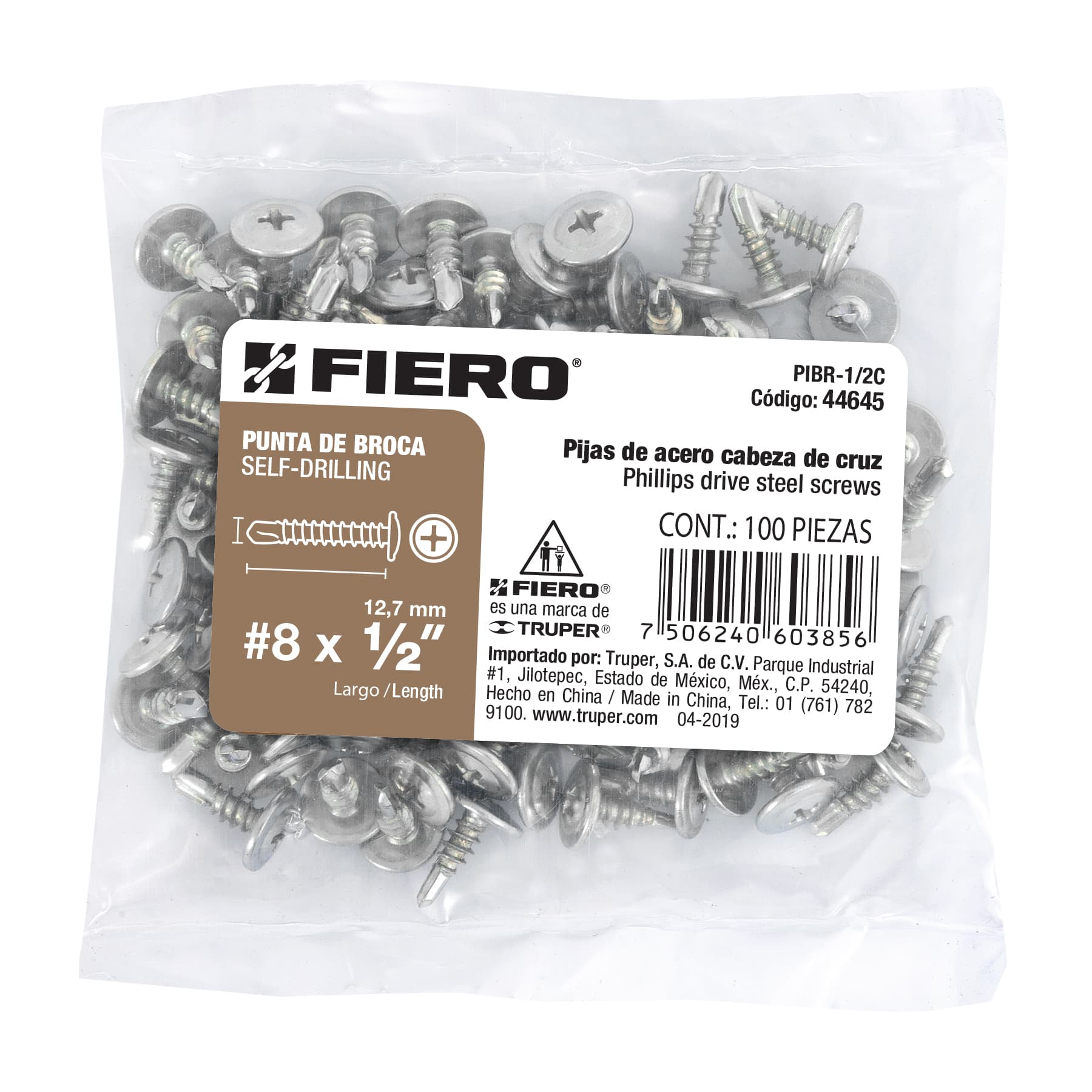 BOLSA CON 100 PIJAS CABEZA CRUZ, P/DE BROCA 1/2"